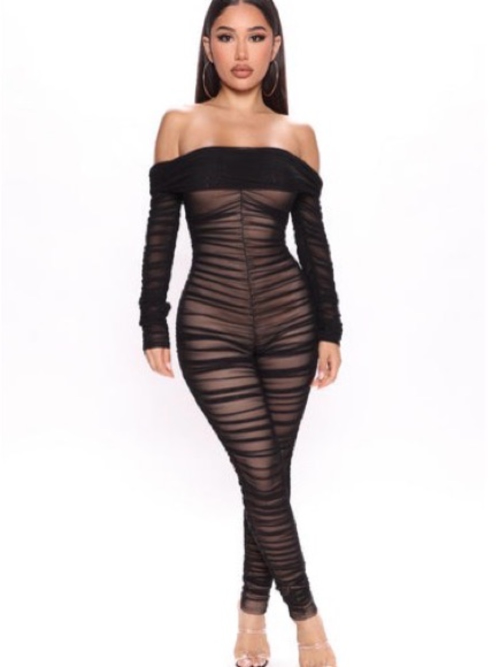 Fashion Nova Black Ruched Sheer Jumpsuit Leggings